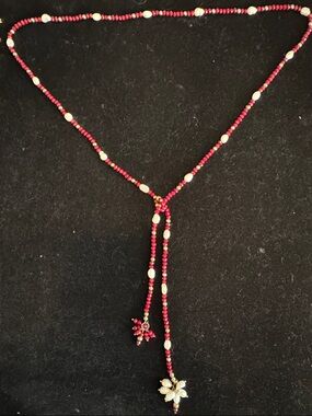 Genuine Luster Pearls with Red Beaded Lariat Tassels  Necklace